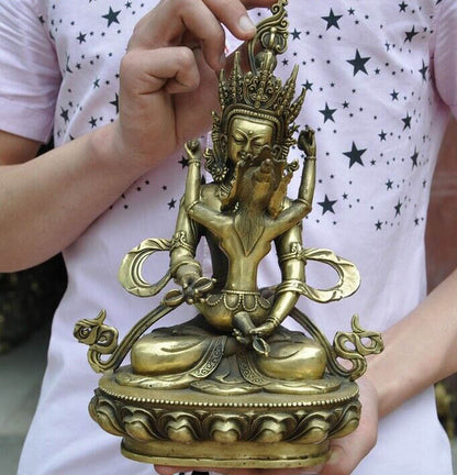 7.08"Old Tibetan Bronze gilt Vajra Mandkesvara Yab-Yum Happy Buddha Statue