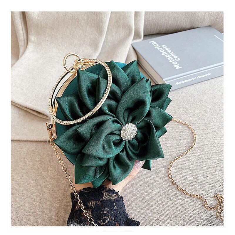 Red Flower Clutch Purse Women Round Bag Handbag Chain Shoulder Bags 15*15*5 CM