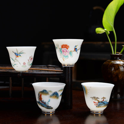 One Tea Cup Fat Mutton Jade Porcelain Cup Bird Flower Painted Chinese Master Cup