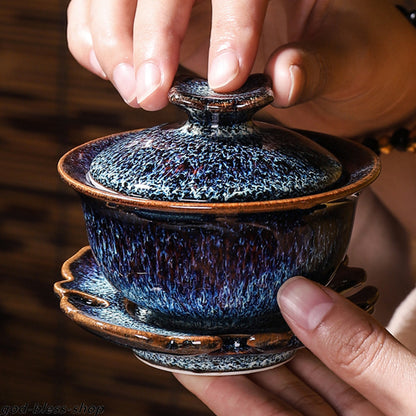 Jianzhan Gaiwan Porcelain Blue Glaze Kiln Change Tureen With Lid Saucer Bowl New