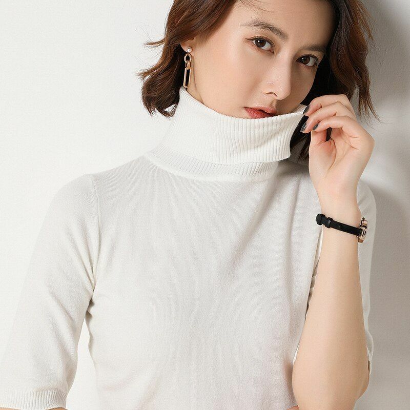 Women's Sweater Short Sleeve Cashmere Loose Turtleneck Bottoming Shirt Pullover
