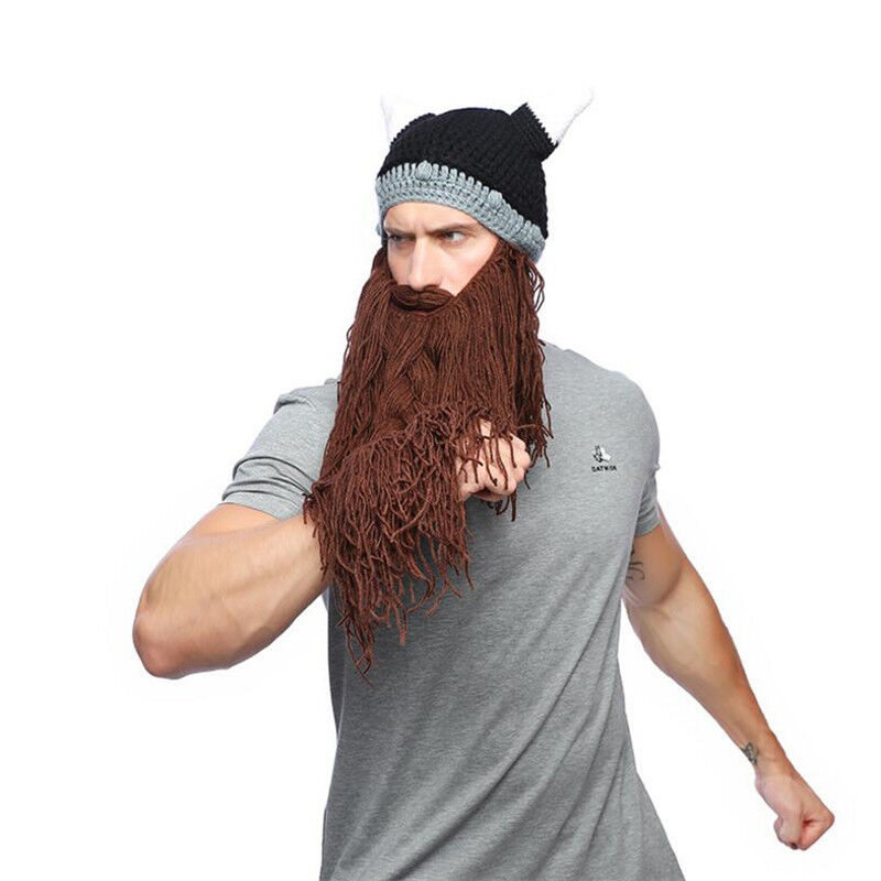 Nordic Style Hats Winter Viking Horn Wool Creative Long Beard Hats Halloween Cap