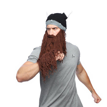 Nordic Style Hats Winter Viking Horn Wool Creative Long Beard Hats Halloween Cap