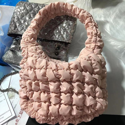 24cm Small Candy Colored Plaid Quilted Down Bag Pink Soft Shoulder Handbag Blue