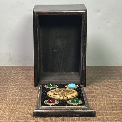 Sandalwood Jewelry Box 15×10×7cm Dragon Inlay Gem Vintage Slide Box