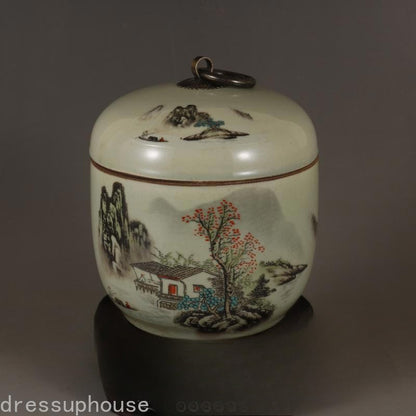 4.72 In Chinese Famille Rose Porcelain Jar Landscape Pattern Pot Tea Caddy