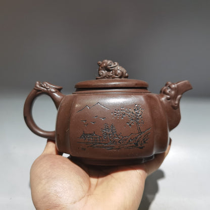 Chinese Yixing Zisha Clay Handmade Exquisite Teapot（四方龙壶 低款：金鼎商标）