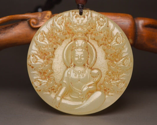 Antique Chinese Hetian Jade Carving Kowloon Guanyin Statue Lucky Pendant Amulets