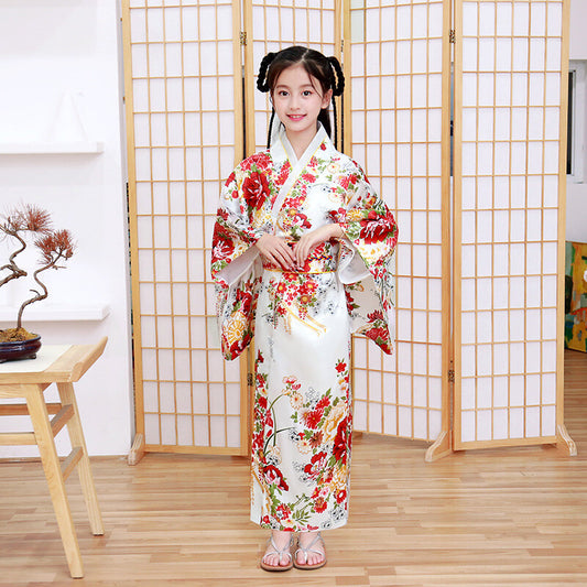 Chinese Traditional Kimono Children Silk Gown Kid Garment One Piece Dress
