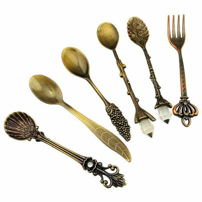 6Pcs/Set Vintage Dessert Spoons Fork 110x20mm Metal Gold Carved Coffee Tea Spoon