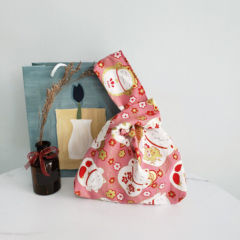 Japanese Flower Pattern Knotted Wrist Bag Phone Bag Canvas Tote Purse Key Pouch