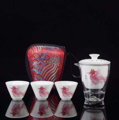 On Sales Travelling Teaset Glass Pitcher Porcelain Infuser Cup Fish Rabbit Print