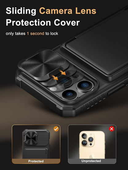 for Iphone 13 Pro Case with Card Holder (4 Cards) [RFID Blocking] & Slide Camera