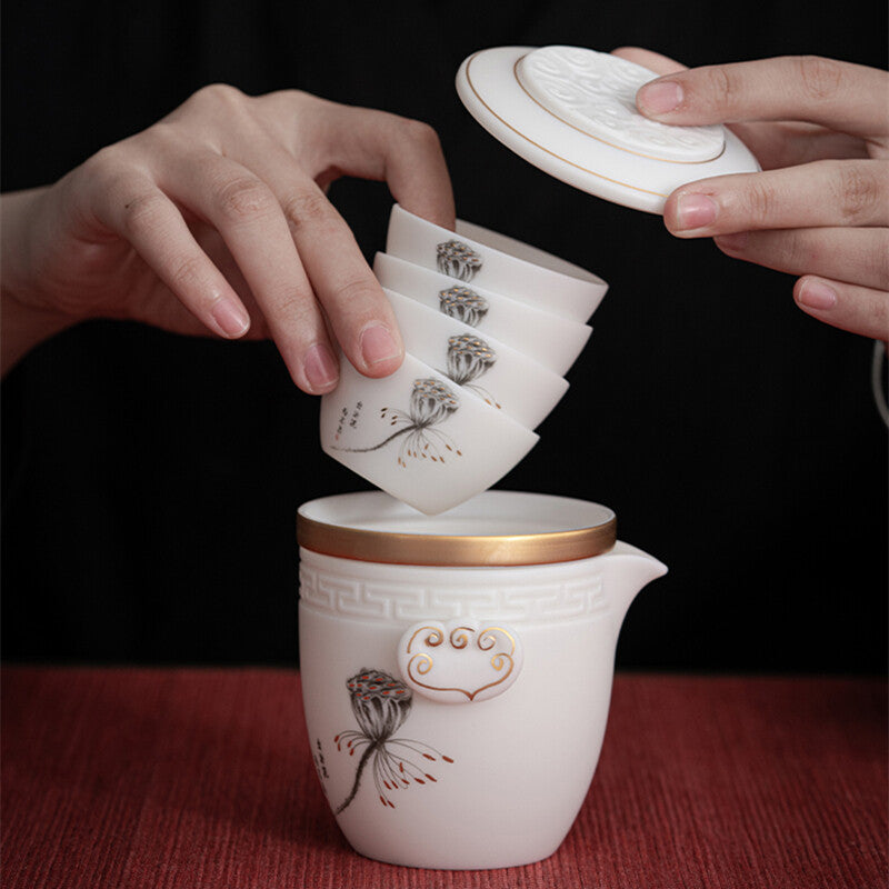 Mutton Fat Jade Porcelain Travel Tea Set With Portable Bag China Tea Pot Cup New