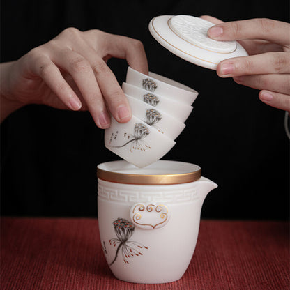 Mutton Fat Jade Porcelain Travel Tea Set With Portable Bag China Tea Pot Cup New