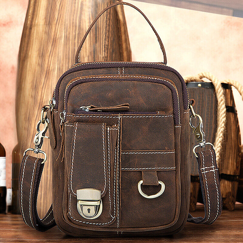 Crazy Horse Leather Men's Sling Shoulder Bag Double Zipper Multifunction Handbag