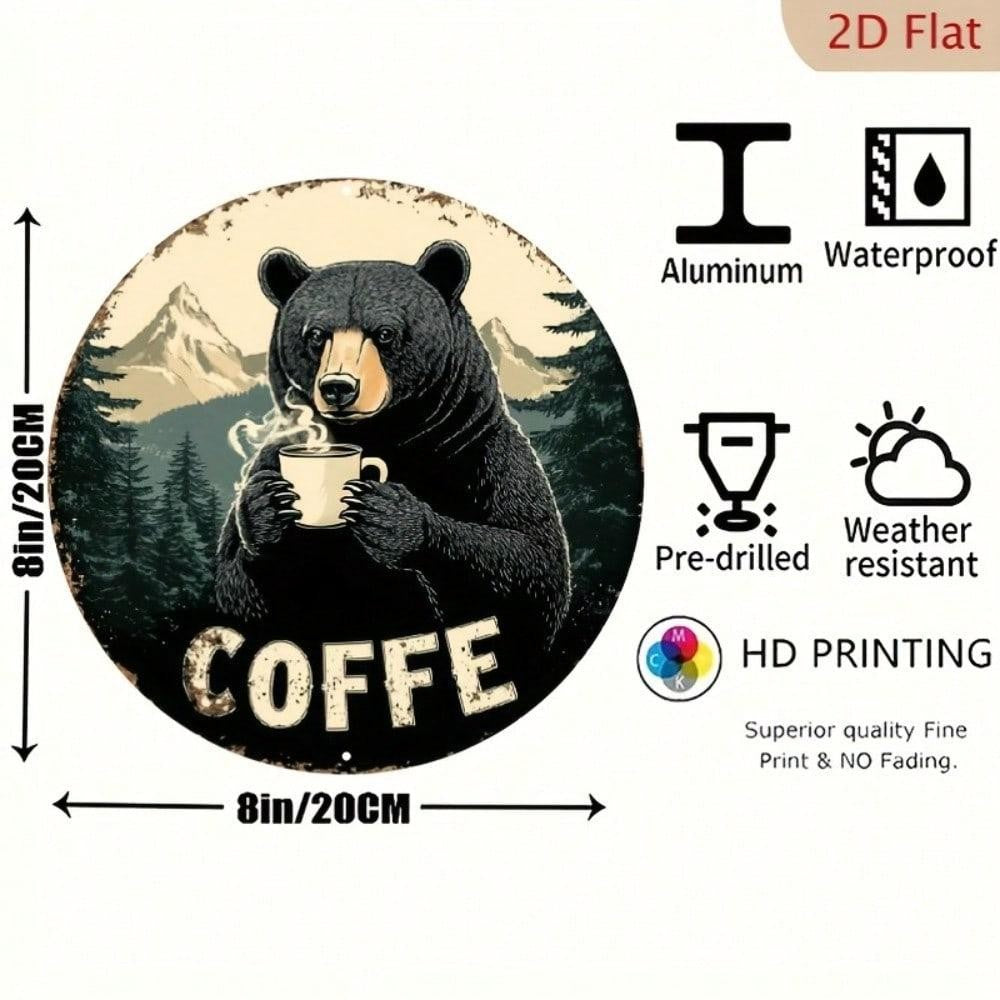 Vintage 8x8 Round Tin Sign Black Bear Coffee Retro Rustic Wall Art for Kitchen