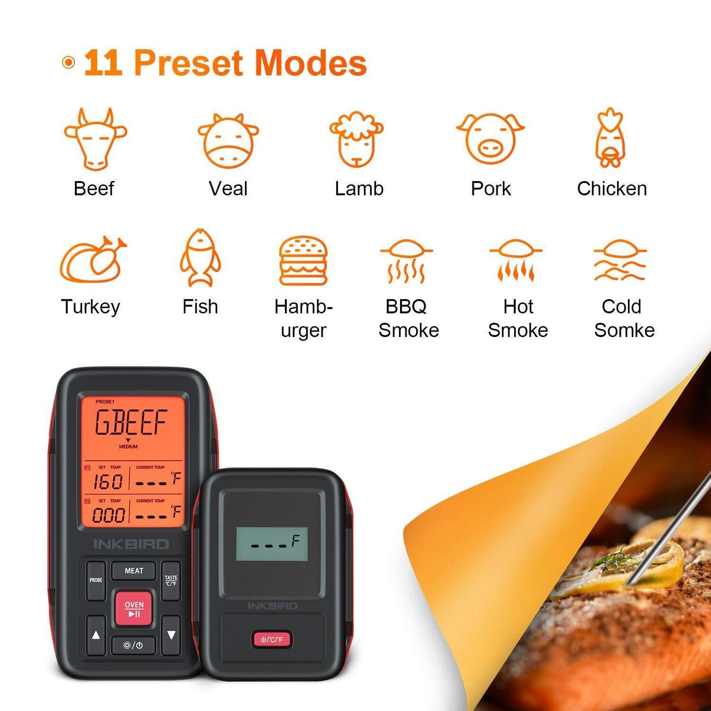 INKBIRD:Wireless Meat Thermometer w/Alarm, Timer & Backlight, 500ft Dual Probes