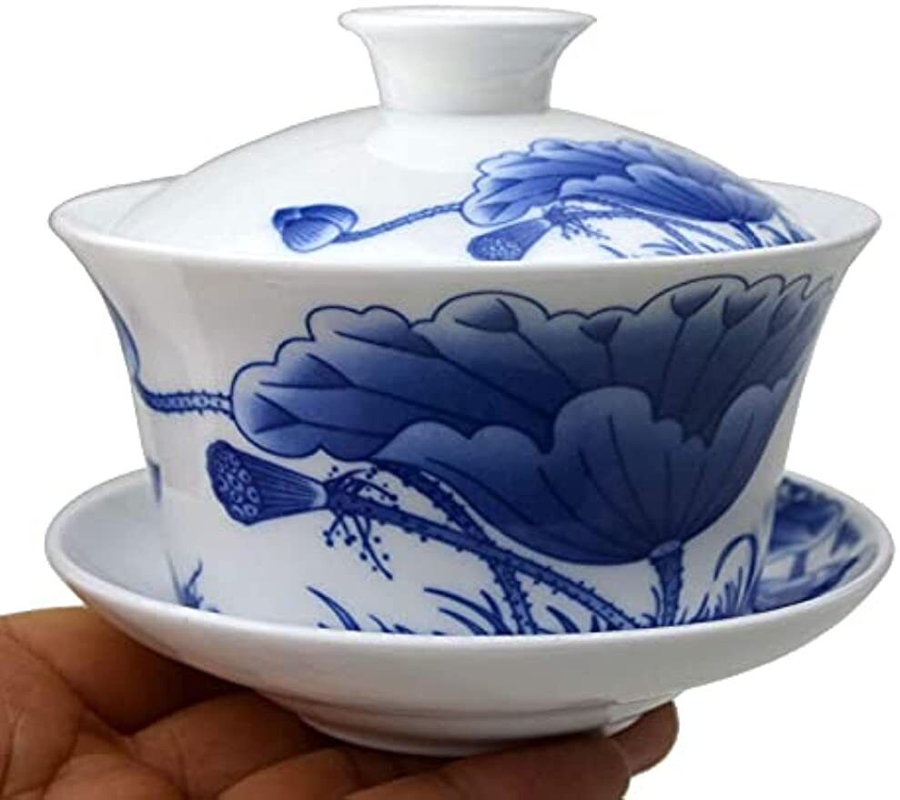 Porcelain Gaiwan 9oz Teacup Blue White Chinese Gongfu Tea Set Lip Cup Saucer