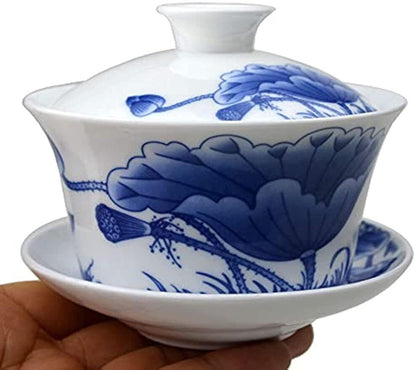 Porcelain Gaiwan 9oz Teacup Blue White Chinese Gongfu Tea Set Lip Cup Saucer