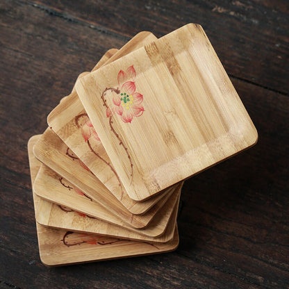 Handpainted Plum Flower Bamboo Teacuo Saucers Tea Coasters Accessories