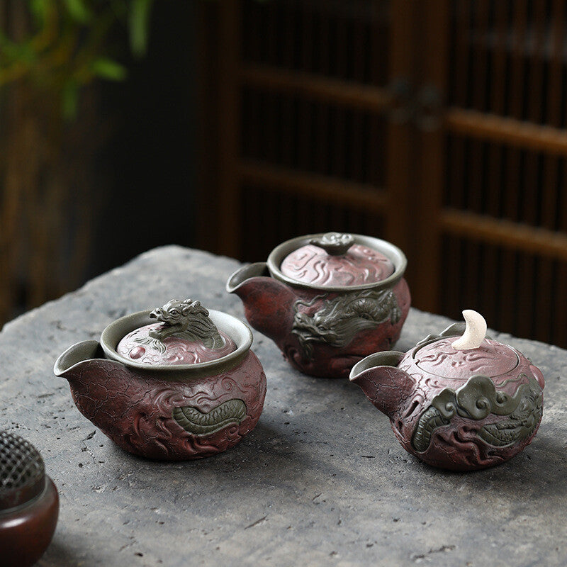 True Yixing Zisha Purple Clay Tea Pot Handmade Dragon Carved Relief Master Pot