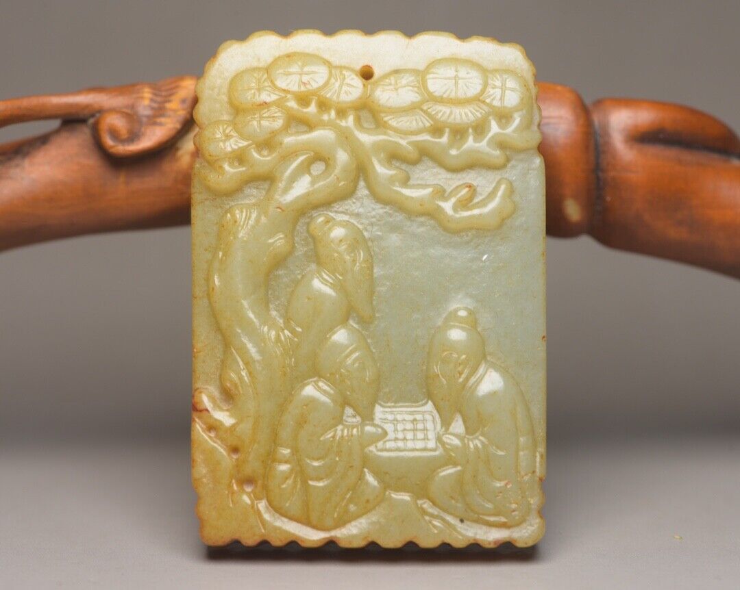 Chinese Old Natural Hetian Jade Carved Pine Figures Figurines Pendant Jewelry