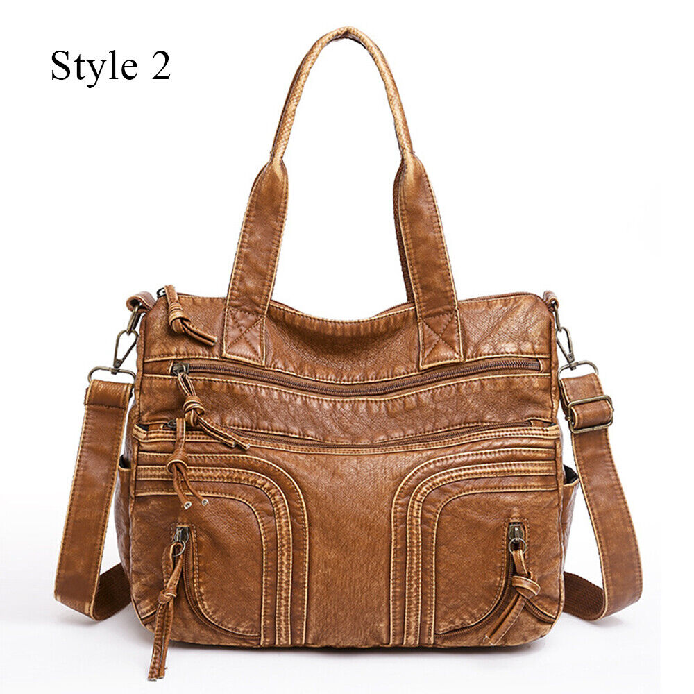 Soft PU Leather Handbags Many Pockets Messenger Bag Washed Leather Shoulder Bag