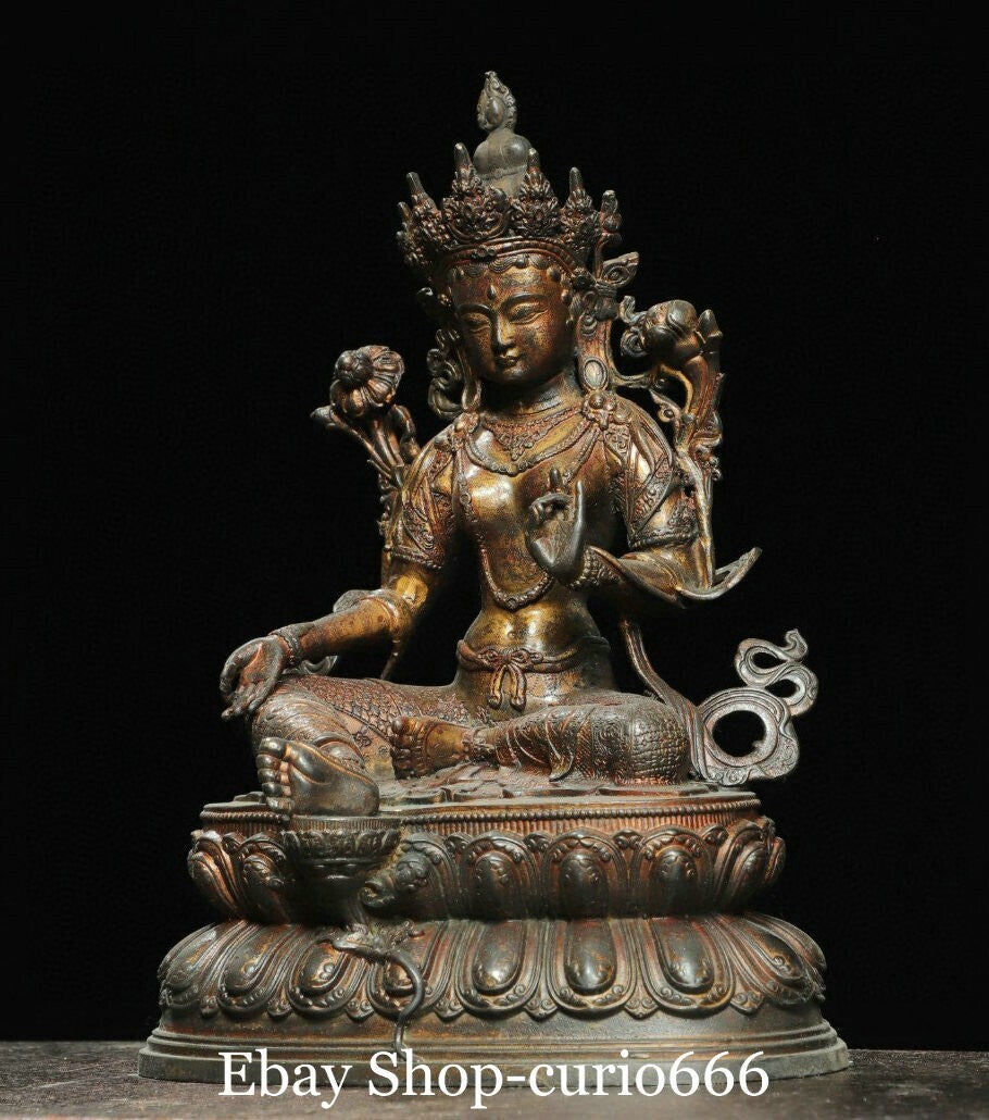 8'' Old Tibet Pure Bronze Gilt Green Tara Mahayana Enlightenment Goddess Buddha