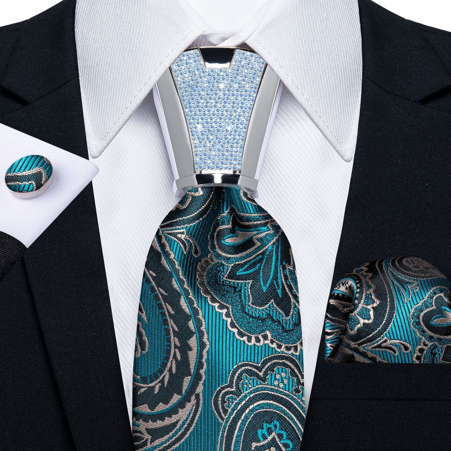 Men Necktie 3Pcs Luxury Striped Ties Cufflinks Pocket Square Wedding Accessories