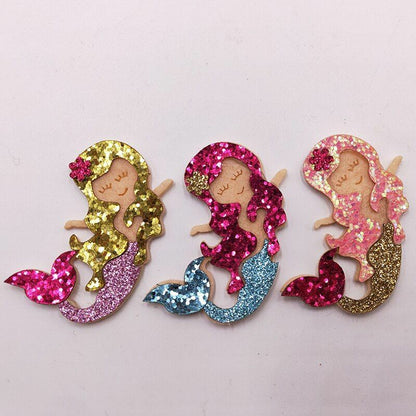9Pcs/Lot 3.5x5.8cm Glitter Fabric Applique Cartoon Mermaid Nonwoven Padded Patch