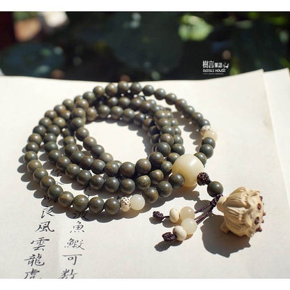 Handmade Green Sandalwood 108 Beads Bracelet 8mm Multi Layer Lotus Pendant Mala