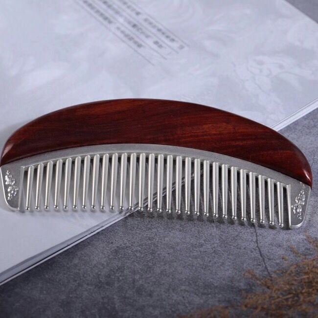 African Red Sandalwood Comb Alloy Silver-Plated Portable Chinese Meridian Comb