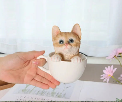 Creative Tea Cup Cat Ornaments Lovely Kitten Resin Room Desktop Decoration