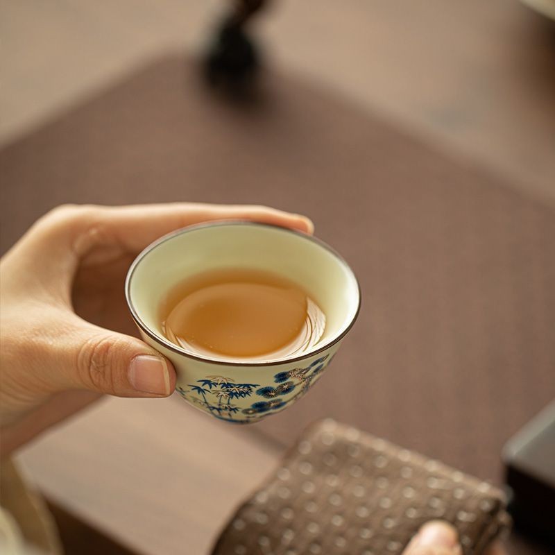 Blue & White Ru Kiln Pine Bamboo Plum Teacup 55ml Gongfu Tea Cup