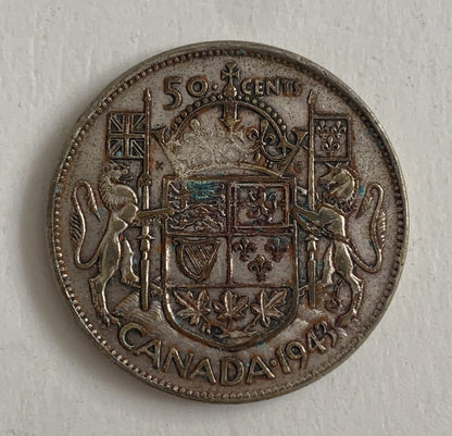 1943 CANADA 50 Cents Silver Coin Silver .800 George VI Royal Canadian Mint