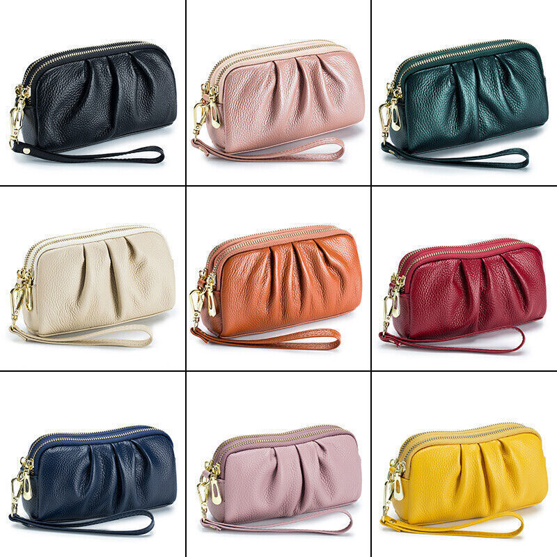 Women Hand Collar Leather Bag Zipper Large Capacity Cowhide Phone Clutch Wallet