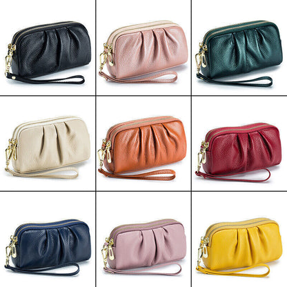 Women Hand Collar Leather Bag Zipper Large Capacity Cowhide Phone Clutch Wallet