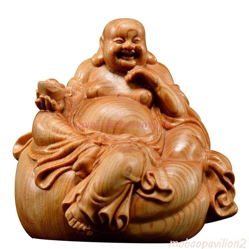 7CM Wooden Laughing Buddha Statue Happy Buddha Carving Home Decor Figurine Gift