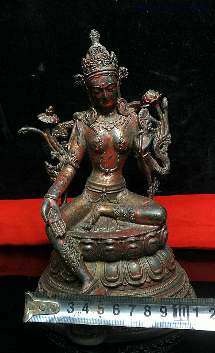 Old Dynasty China Buddhism Tibet Temple Bronze Green Tara Kwan-Yin Buddha Statue