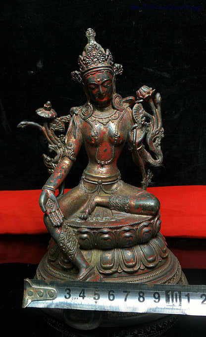Old Dynasty China Buddhism Tibet Temple Bronze Green Tara Kwan-Yin Buddha Statue