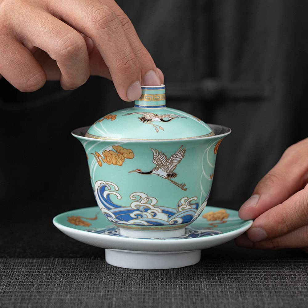 180ml Silver Ceramic Gaiwan Tea Bowl Cup Kung Fu Tea Set Handmade Tureen Tea