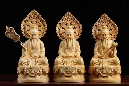 1Set 3Pcs Cypress Boxwood Wood Hand Carved Taoist Sanqing Statue