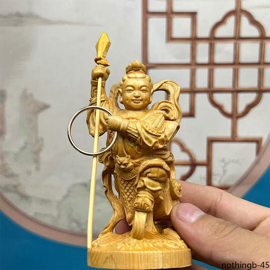 Cliff Cypress Wood Nezha Mythical Figure Statue Solid Wood Carving Home Decor