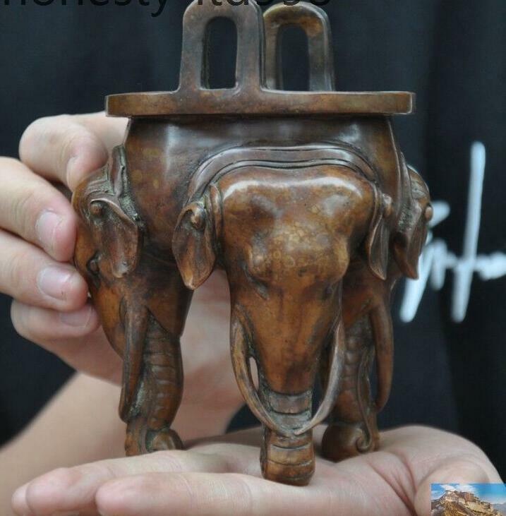 5" Mark Old Chinese Buddhism Bronze Elephant Head Statue Incense Burner Censer