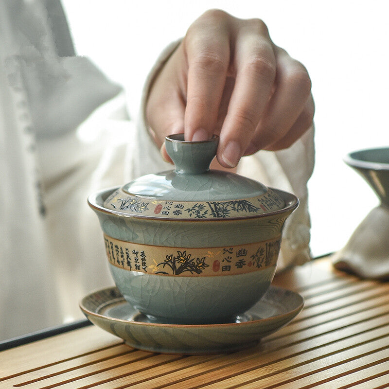 Gaiwan Cup Bowl Geyao Craft Crackle Glaze Porcelain Tureen Tea Bowl with Saucer