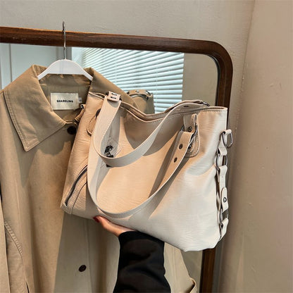 Shoulder Bag Oil Wax Leather Wide Strap Crossbody Bag Zipper Shopper Handbag 1PC