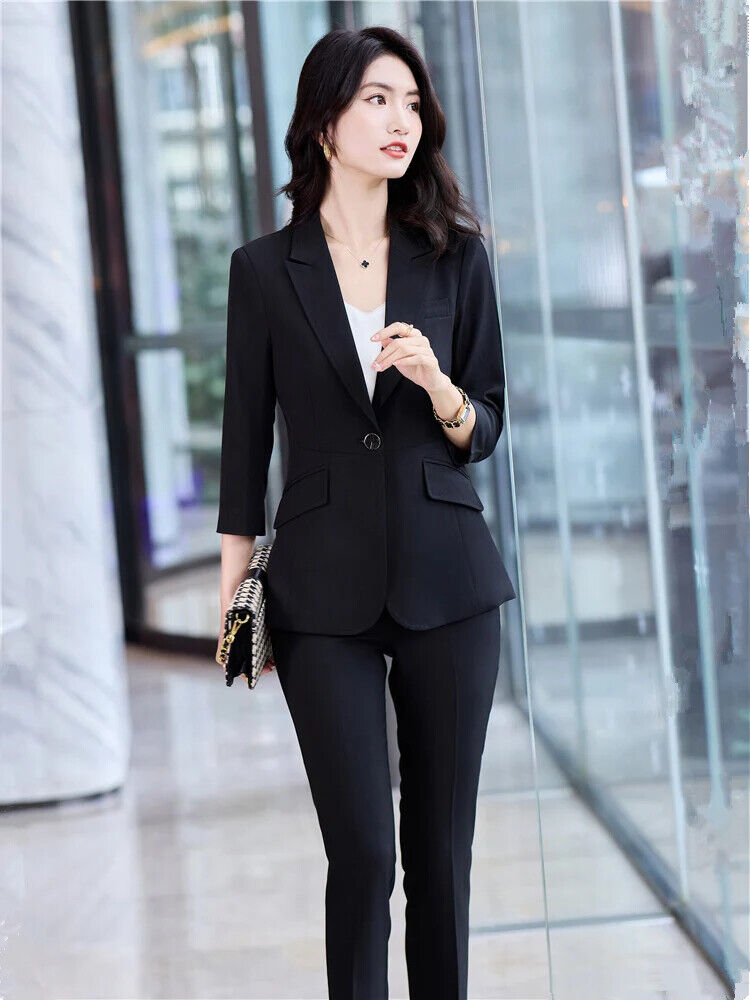 Women's Office Suit Pantsuit Simple Spring Summer Top + Trousers 2 Piece Set