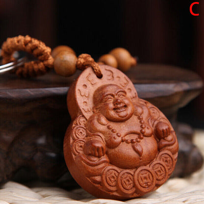 Lucky Jewelry Wood Carving Buckle Buddha Pendant Keychain Car Bag Keyrinzo