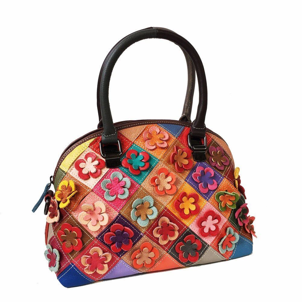 Real Leather Flower Shell Bag Handmade Patchwork Genuine Leather Messenger Shell